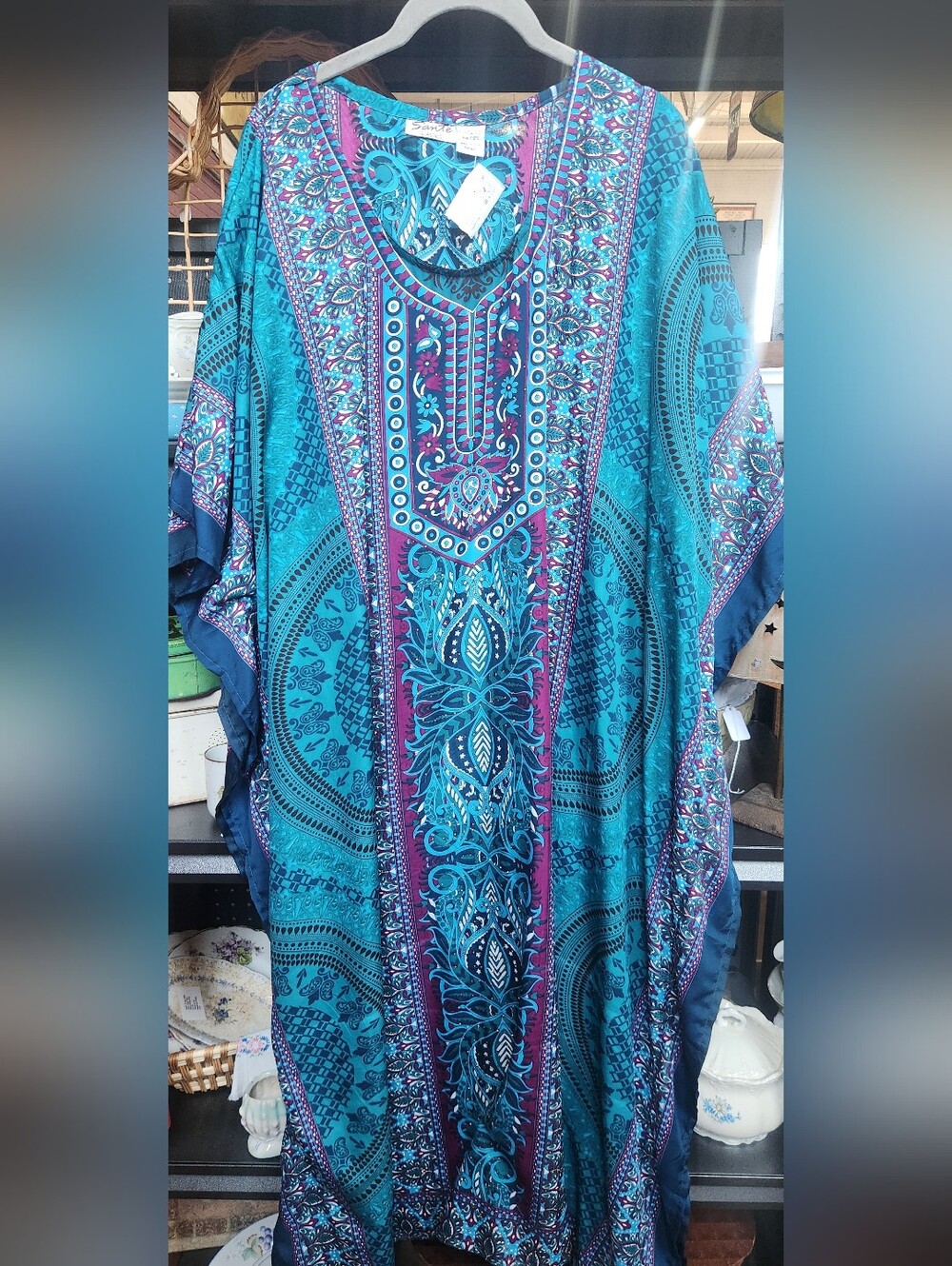 Sante Classics Boho Caftan Cover-Up | One Size | Teal & Purple Paisley Tunic